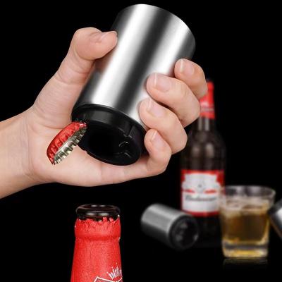 China Sustainable Stainless Steel Beer Bottle Cap Catcher Push Down Automatic Beer Bottle Opener Customized Laser LOGO for sale