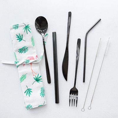 China 2019 Viable New Portable Stainless Steel Travel Cutlery Set Metal Straw Outdoor Activity Cutlery Bag for sale