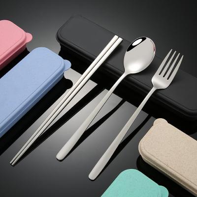 China Viable Portable Reusable Stainless Steel Silver Chopsticks Serving Fork Cutlery Spoon Gift Set With Wheat Box for sale