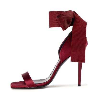 China 2021 Fashion Trend Satin Bow-detailed Grosgrain-Balanced Sandals High Quality Ladies Square Toe Party Sandals for sale