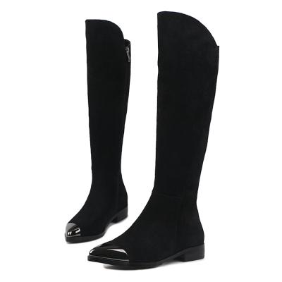 China Fashion\comfortable women\goods 2018 fashion metal toe lady flat thigh high suede cow boots over the knee long boots shoes for sale