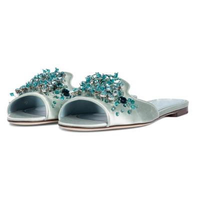 China Fashion Trend Designer Shoes 2021 Fashion Handmade Blue Luxury Ladies Slippers Rhinestone Satin Flat Mules for sale