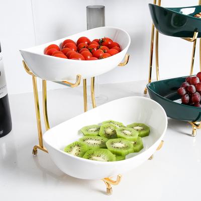 China Sustainable Nordic Luxury Home Storage Dish Serving Dessert Ceramic Candy Snacks Fruit Basket Plates Set with Metal Stand for sale