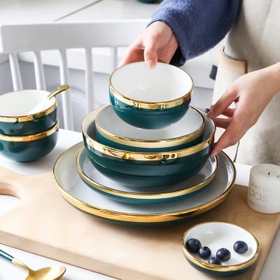 China Nordic Luxury Viable High Quality Gold Rim Porcelain Ceramic Plate Dish Bowl Dinner Table Tableware Set for sale