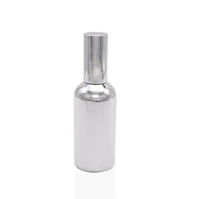 China Low MOQ 30ml 50ml 100ml beautiful silver color glass bottles of personal care with spray and lotion pump for sale