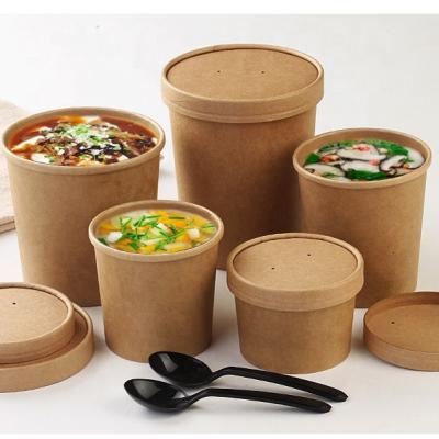 China Single Wall Disposable Packaging Cup , Bowl With Lid Kraft Paper Soup Cups for sale