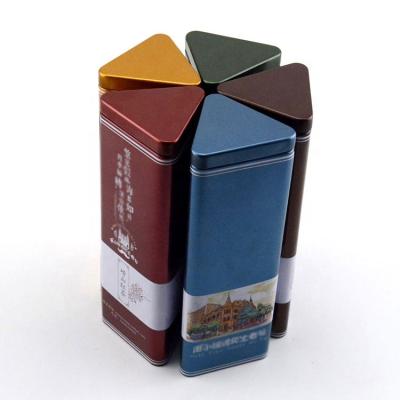 China Custom Printed Recyclable Tinplate Triangle Shape Tea Tin Airtight Box With Double Lid for sale