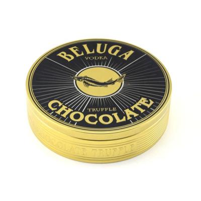 China Recyclable Customize Round Chocolate Tin Box 155 mm*44 mm Food Tin Box High Quality Tinplate Chocolate Tin Box for sale