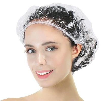 China Large PE Shower Cap Headgear Sustainable Plastic Waterproof Beauty Band Transparent Bath Shower Caps for sale