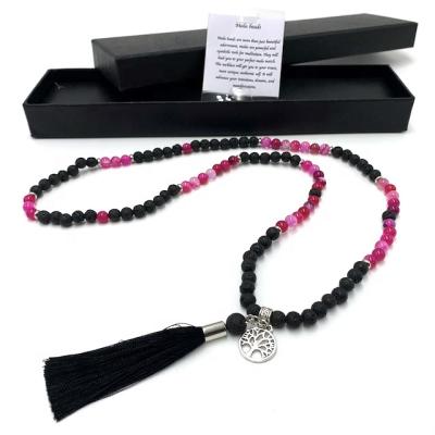 China FASHIONABLE Mala Lava Stone and fuchsia magic agate gemstone 6 mm with giftbox and property description and tassel for sale