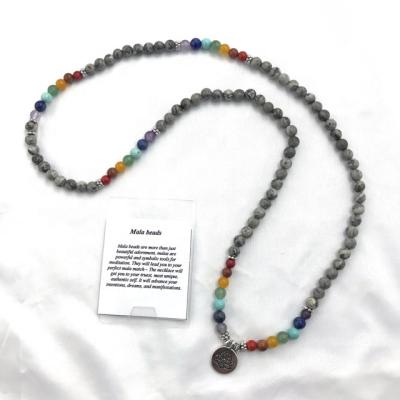 China Magical Casual/Sporty Mala Gray Jasper 6mm Gemstone Bead Bead Necklace Lotus Charm Tassel 7 Chakra for sale