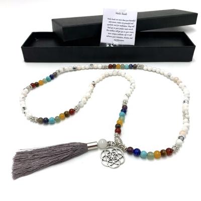 China TRENDY Mala White Magic Agate gemstone 6 mm with pendant and tassel 7 chakra in jewelry box with property description for sale