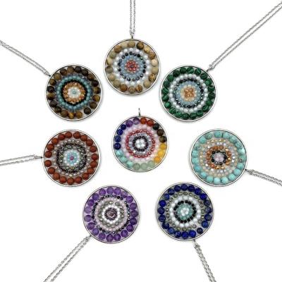 China TRENDY Gemstone and Cut Amethyst Crystal Chains Indian Blue Green Agate Necklace Stainless Steel Beaded Pendant Mandala for sale