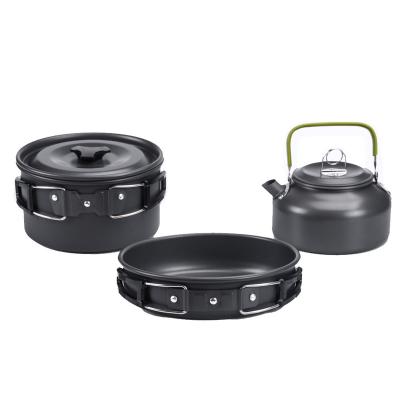 China Portable High Temperature and Friction-resistan Camping Cookware Set Outdoor Cooking Mess Kit Pan Tea Kettle Set 2-3 Person Pot Tableware Camping for sale