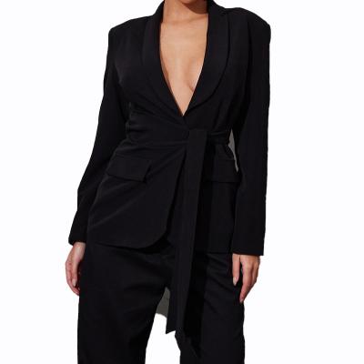 China High Quality Custom Anti-wrinkle Long Sleeve Turn Down Collar Flattering Fit Black Ruched Tie Side Detail Women Ladies Ladies Fitted Belted Blazer for sale