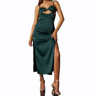 China custom detail cup detail satin halter green Anti-wrinkle pine side slit high leg cut spaghetti strap Midaxi length evening ladies DRESS for sale