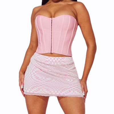 China fashionable Anti-wrinkle custom wholesales crochet and eye crop women ladies upper boning dusty pink structured corset for sale