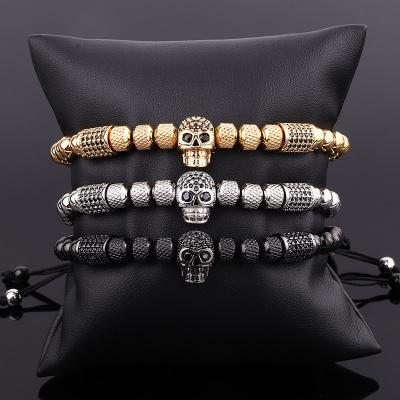 China CLASSIC Beaded Stainless Steel Skull Inlaid Zircon Charm Mens Bracelet for sale