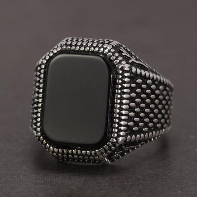 China Natural Black Ring Retro Sterling Silver Men's Stone Vintage Fashion Agate Jewelry for sale