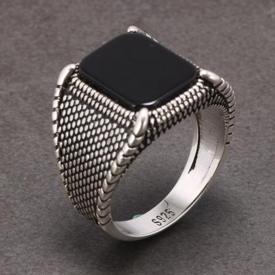 China Natural Black Ring Retro Sterling Silver Men's Stone Vintage Fashion Agate Jewelry for sale