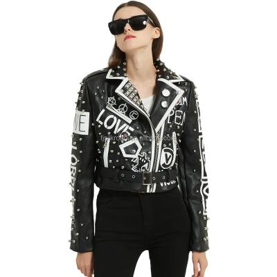 China Viable Black Leather Jacket Women Leopard Print Crop Faux Pu Motorcycle Biker Jackets Woman Studded Rivet Punk Custom Logo for sale