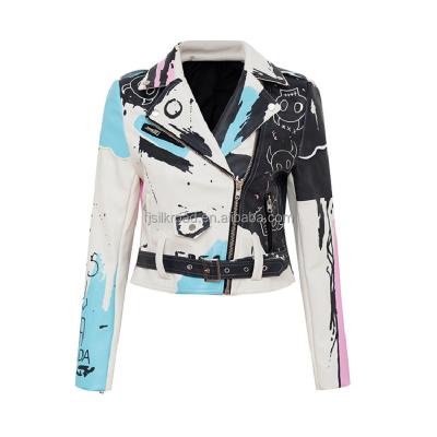 China Viable White Leather Jacket Women's Blanks Studded With Printing Moto Biker Jackets Autumn Winter Fashion Outwear Coats Accept Custom for sale