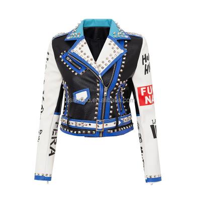 China Custom Logo Print White Autumn Rivet Motorcycle Punk Clothes Winter PU Motorcycle Coat Viable Faux Crop Women Leather Jacket for sale