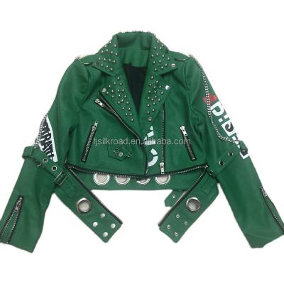 China Viable Green Graffiti Leather Jacket Print Crop Faux PU Motorcycle Motorcycle Biker Jackets Women Colorful Women Studded Rivet Punk Streetwear for sale