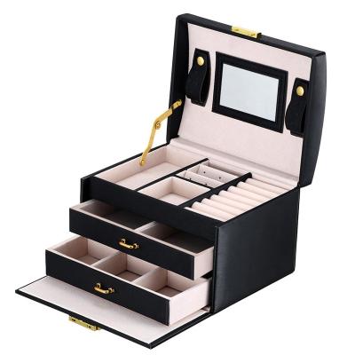 China Large Leather Black Box With Lock Mirror PU Jewelry Travel Leather Jewelry Storage Box for sale