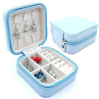 China Small Faux Leather PU Travel Jewelry Box Leather Organizer Display Storage Case for Rings Earrings Necklace, Blue for sale