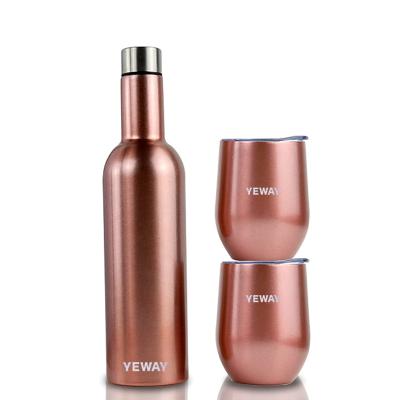 China Workable Matching Stainless Glass Wine Bottle Set Gift Box With 2 Tumblers And 1 Red Wine Factory 500ml Yeway Double Egg Shaped 304 for sale