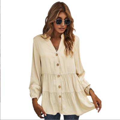 China Anti-pilling 2022 women clothes v-neck casual elegent blouses loose button down ruffle long cotton female shirts for sale