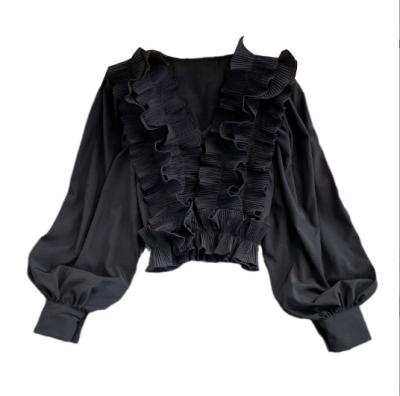 China Anti-pilling 2022 hot sale lantern sleeve ruffles hemming V collar temperament soft elegant short tops Korean style winter shirts for women for sale