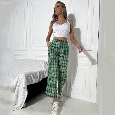 China New Breathable Design Polyester Green Gingham Fall Clothes Casual Shift Buttons Straight Leg Pants Boohooman Pants for sale