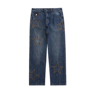 China Men's Breathable American Style OEM Retro Washed Jeans Star Embroidered Straight Wide Leg Pants Unisex Brand Jeans Leg Denim for sale