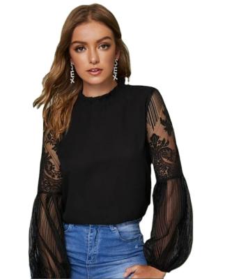 China Sheer Chiffon Half Sleeve Long Sleeve T-Shirt Shirt Anti-pilling Lace Shirt/Blouse For Women Floral Pattern Embroidered for sale