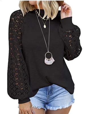 China Anti-wrinkle ladies round neckline long sleeve T-shirt solid color lantern sleeve full lace up-to-date loose women's casual pungent crew neck for sale