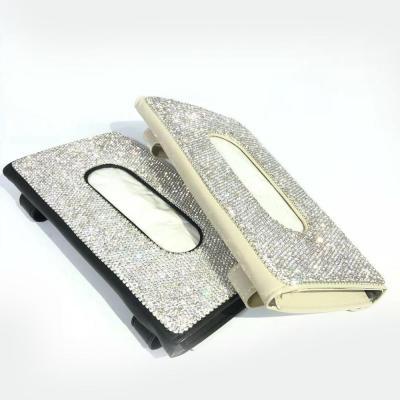 China Luxury Crystal Rhinestone Paper Towel Bling Car Towel Holder Box Luxury Car Towel Holder Car Sun Shade Cloth Leather Holder for sale