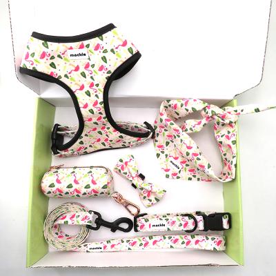 China Custom Custom Logo Printing Reversible Soft Mesh Dog Harness Set With Pet Collar Leash Dog Poop Bag for sale