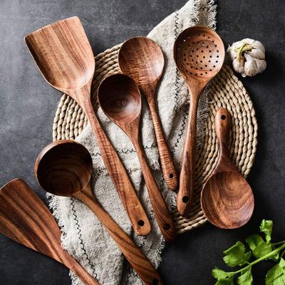 China Sustainable Non-Stick Natural Teak Wood Utensil Spoons Sets For Cooking (8 Pcs) for sale