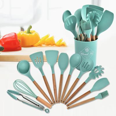 China Viable 12 Pieces In 1 Set Silicone Kitchen Accessories Cooking Tools Kitchen Tableware Cocina Silicone Cookware With Wooden Handles for sale