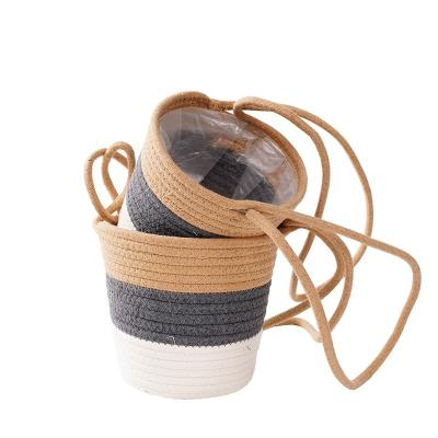 China Multifunctional Space Saving Custom Organic Cotton Tall Woven Cotton Rope Basket With Decorative Handles Covers Around Storage Basket for sale