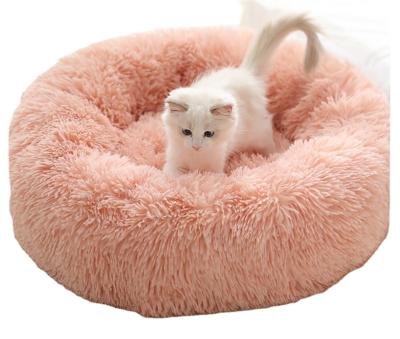 China Breathable Long Plush Fluffy Pet Bed For Cat Puppy Donut Soothing Bed Anti Slip Dot Bottom Around Cat Bed for sale