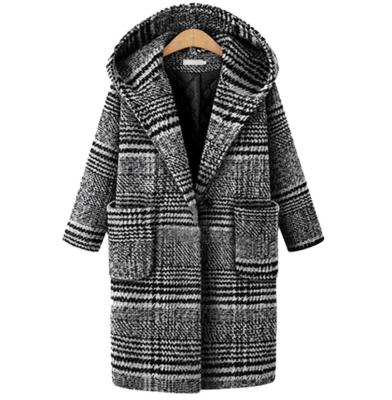 China Fashion Women's Winter Causal Overcoat Plaid Parka Houndstooth Blend Winter Female Long Anti-Shrink Hooded Coat for sale