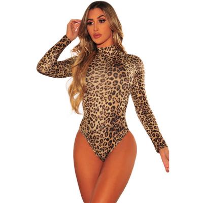 China Breathable Deep V-Neckline Long Sleeve One-Piece Women's Sexy Fashion Body Suit Leopard for sale