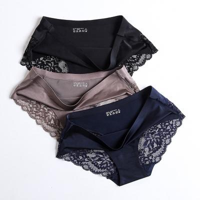 China Breathable Women Lace Up Nylon Side Underwear Seamless Breathable Briefs For Girls Ladies Cotton Crotch Solid Color Ice Silk Lace Panties for sale