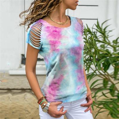 China New Style QUICK DRY Women Hole Burnt Flower Sleeve Women Strapless Short T-Shirts With Print Tie Dye T Shirt for sale