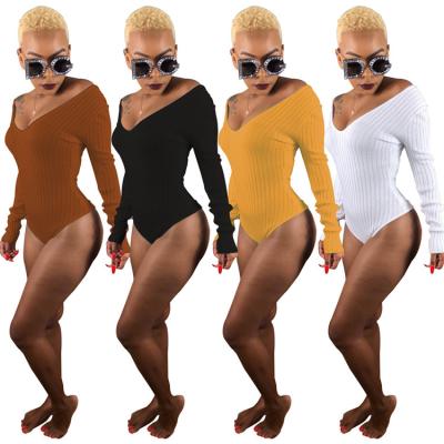 China QUICK DRY Fashion Deep V-neck Solid Color Polyester Sexy Deep Waist Daily Wear Long Sleeves Women Knit Jumpsuit for sale