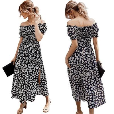 China New Style Black Daisy Breathable Short Sleeve Off-shoulder Women's Summer Casual Sexy Dress for sale