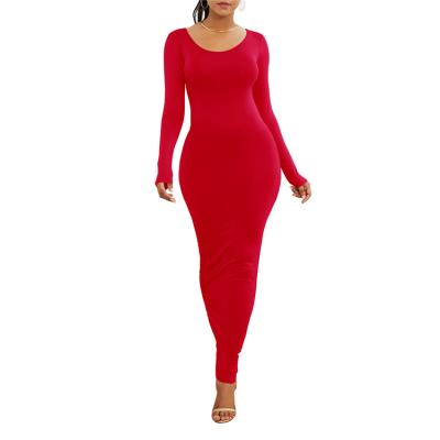 China Wholesale Cotton Autumn Winter Solid Color Pencil Maxi Dress Women Long Sleeve Bodycon Breathable Casual Dresses for sale